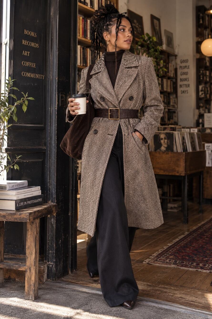 Zara Brown Herringbone Wool Blend Belted Coat Equestrian Heritage M